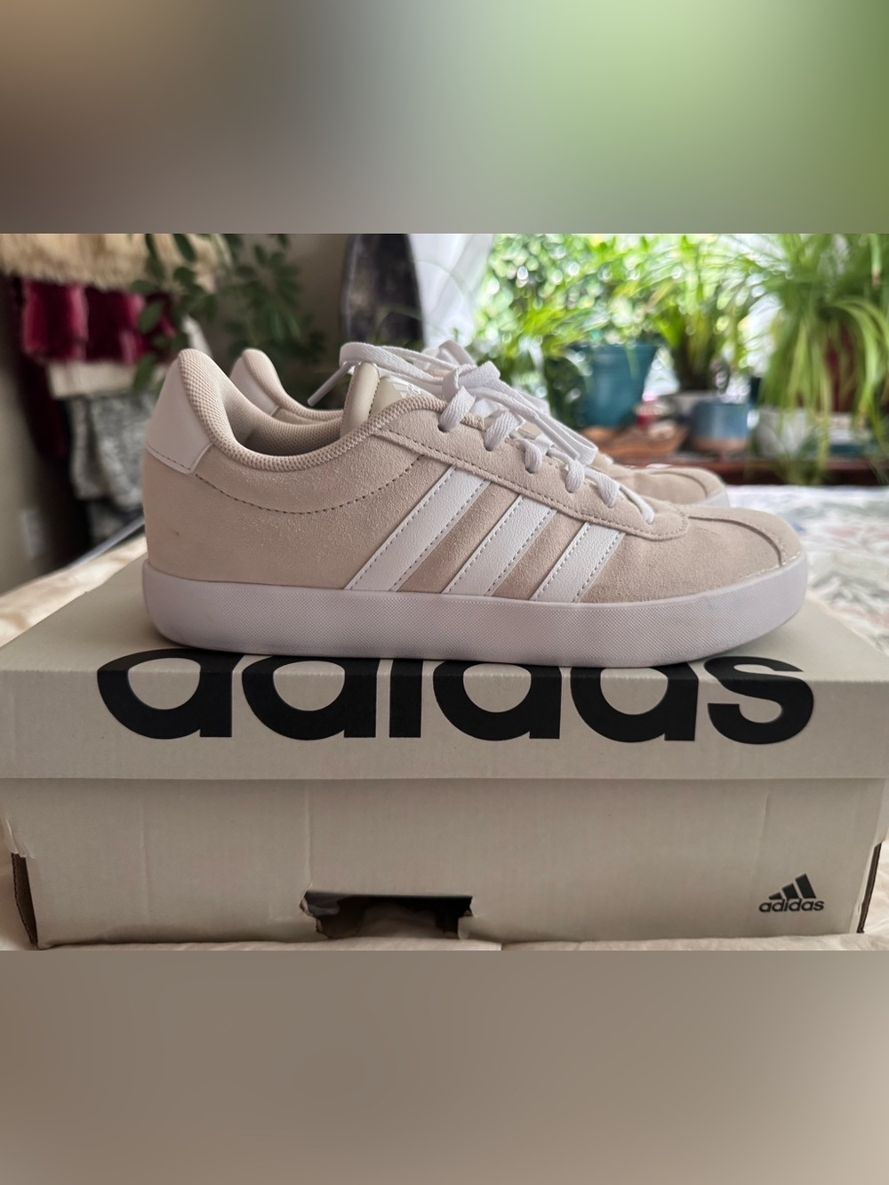 Kids Adidas VL Court 3.0 Beige Suede Sneakers with White Stripes